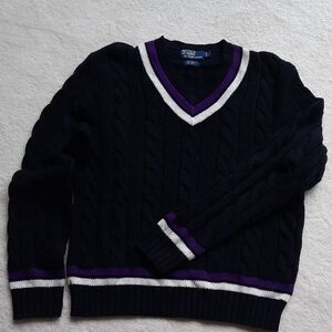 Mens Polo Ralph Lauren Black, White,Purple V-Neck Cashmere/Cotton Sweater